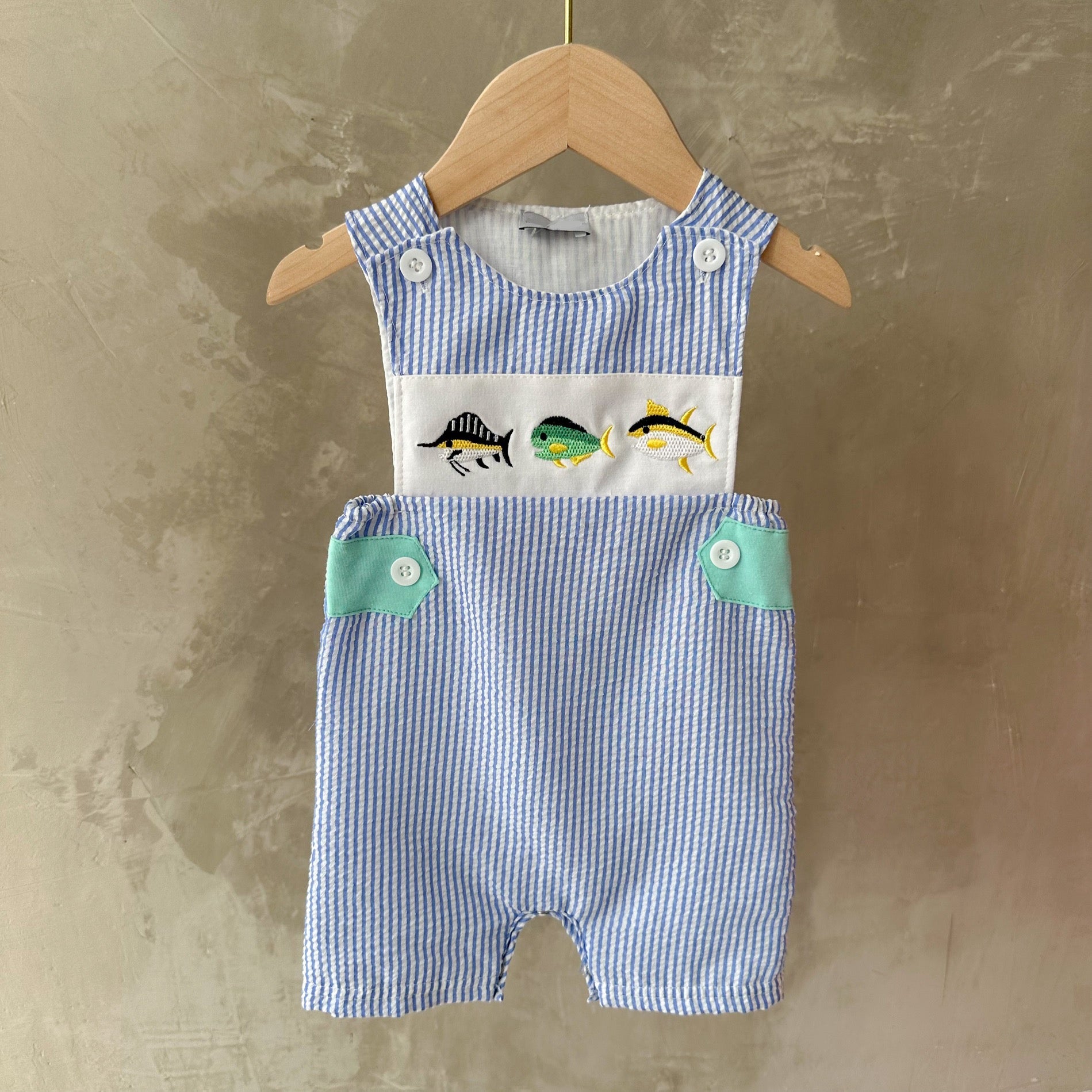Blue stripe seersucker fish embroidery jonjon
