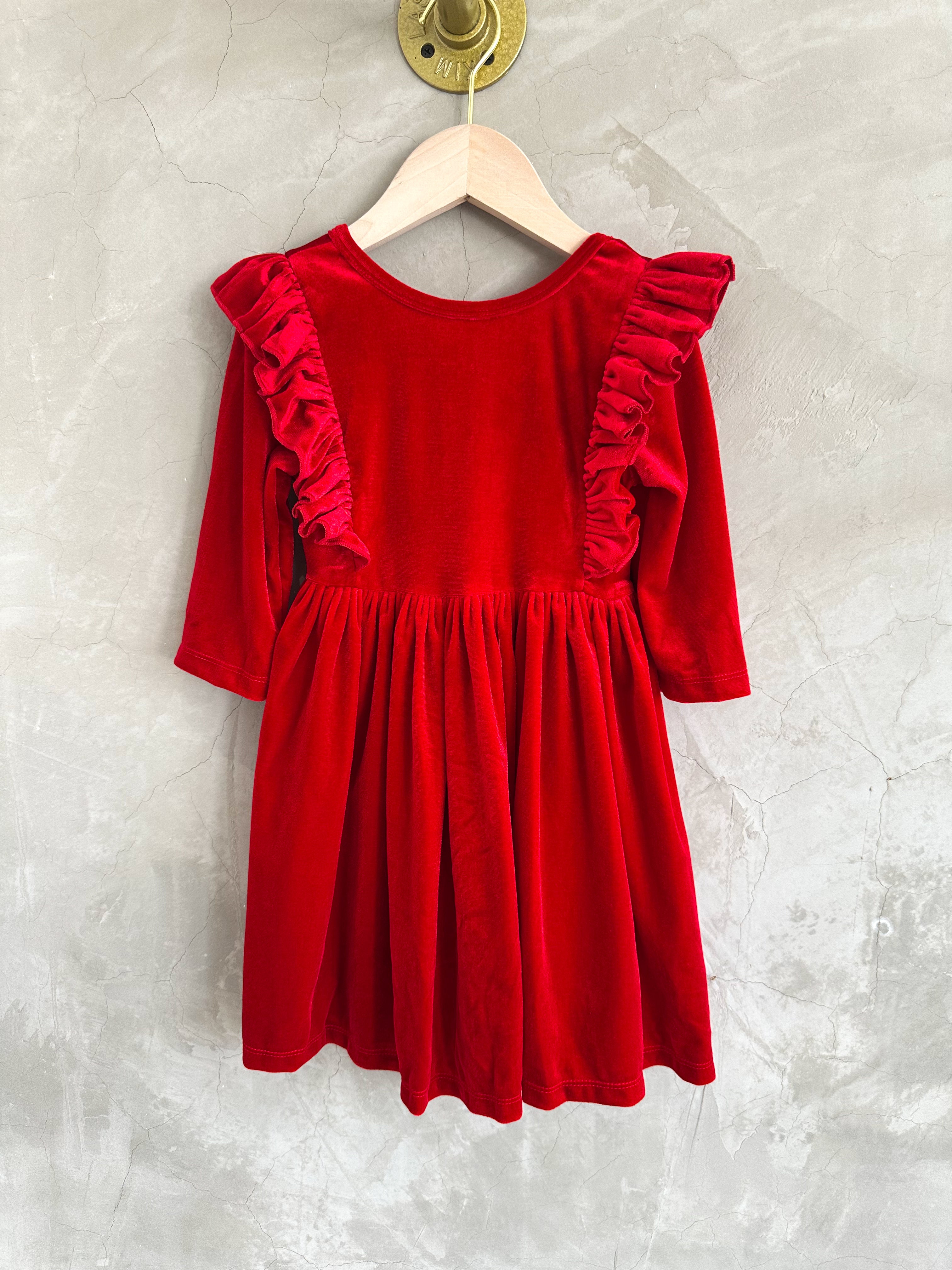 RED VELVET RUFFLE DRESS (4t)